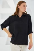 Siyah Gömlek Yaka Saten Bluz 0493 resmi
